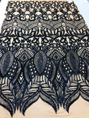 Hologram Navy / Beige Mesh - 4 Way Stretch Embroidered Royalty Sequins Fancy Design Fabric By Yard