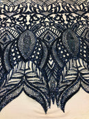 Hologram Navy / Beige Mesh - 4 Way Stretch Embroidered Royalty Sequins Fancy Design Fabric By Yard