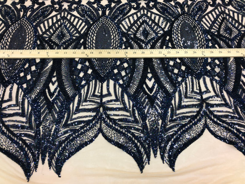 Hologram Navy / Beige Mesh - 4 Way Stretch Embroidered Royalty Sequins Fancy Design Fabric By Yard