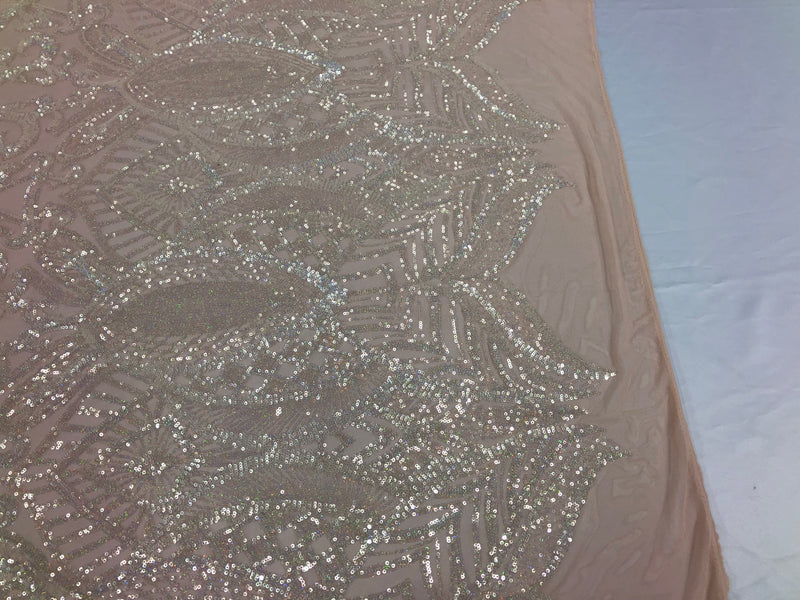 Iridescent Clear - 4 Way Stretch Embroidered Royalty Sequins Design Fabric By Yard