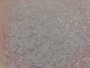 Iridescent Clear - 4 Way Stretch Embroidered Royalty Sequins Design Fabric By Yard