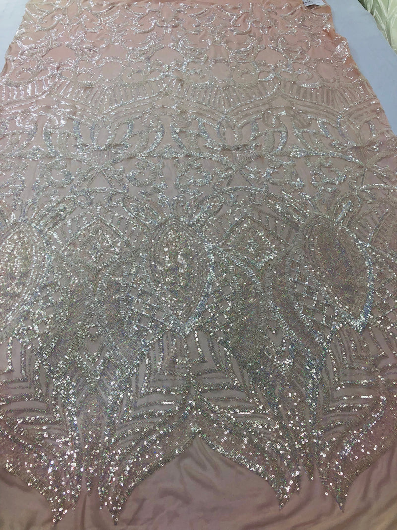 Iridescent Clear - 4 Way Stretch Embroidered Royalty Sequins Design Fabric By Yard