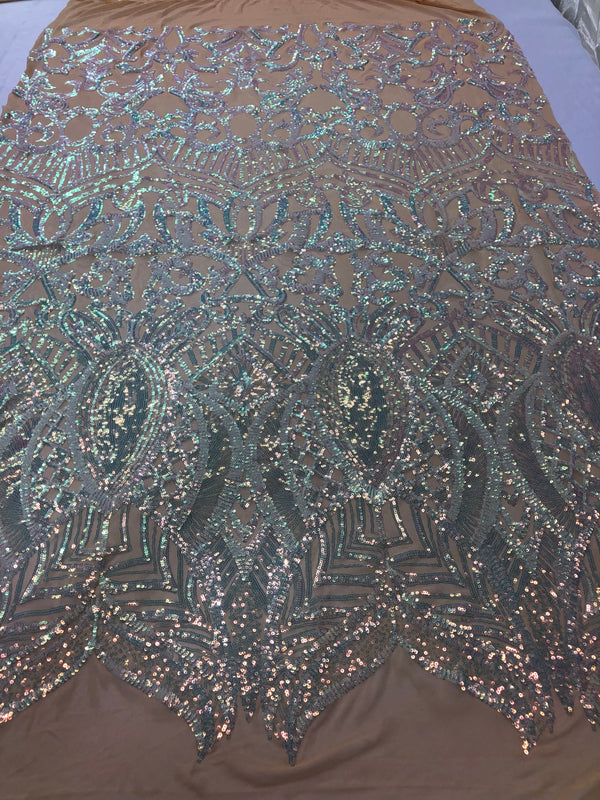 Hologram Silver / Blush Mesh - 4 Way Stretch Embroidered Royalty Sequins Fancy Design Fabric By Yard