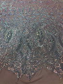 Hologram Silver / Blush Mesh - 4 Way Stretch Embroidered Royalty Sequins Fancy Design Fabric By Yard
