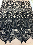 Hologram Navy / Blush Mesh - 4 Way Stretch Embroidered Royalty Sequins Design Fabric By Yard