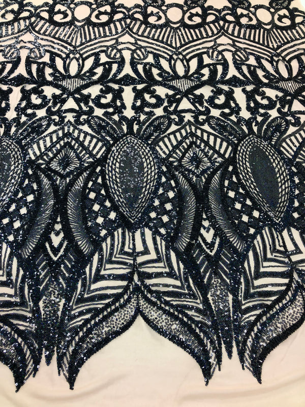 Hologram Navy / Blush Mesh - 4 Way Stretch Embroidered Royalty Sequins Design Fabric By Yard