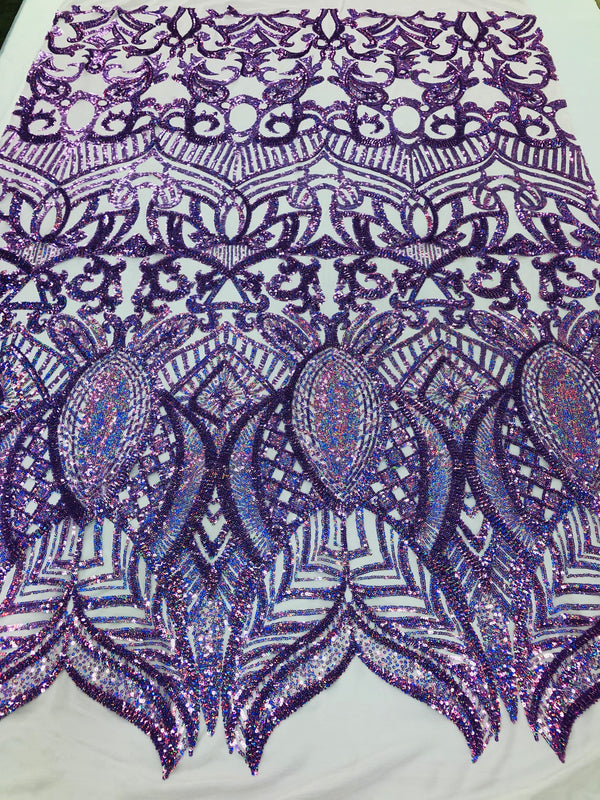 Hologram Lilac - 4 Way Stretch Embroidered Royalty Sequins Design Fabric By Yard