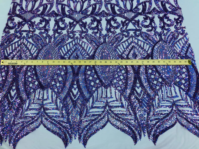 Hologram Lilac - 4 Way Stretch Embroidered Royalty Sequins Design Fabric By Yard