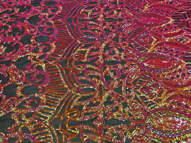 Hologram Fuschia / Orange - 4 Way Stretch Embroidered Royalty Sequins Design Fabric By Yard