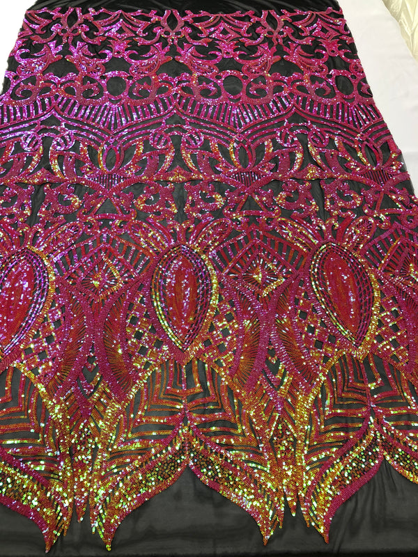 Hologram Fuschia / Orange - 4 Way Stretch Embroidered Royalty Sequins Design Fabric By Yard