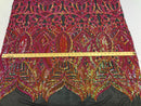 Hologram Fuschia / Orange - 4 Way Stretch Embroidered Royalty Sequins Design Fabric By Yard