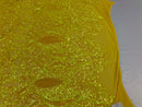 Hologram Yellow  - 4 Way Stretch Embroidered Royalty Sequins Design Fabric By Yard