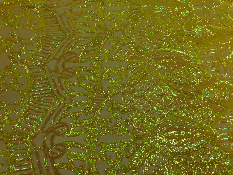 Hologram Yellow  - 4 Way Stretch Embroidered Royalty Sequins Design Fabric By Yard