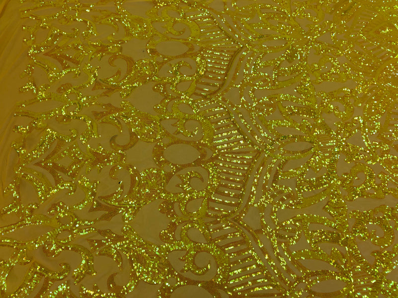 Hologram Yellow  - 4 Way Stretch Embroidered Royalty Sequins Design Fabric By Yard