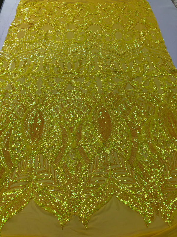 Hologram Yellow  - 4 Way Stretch Embroidered Royalty Sequins Design Fabric By Yard