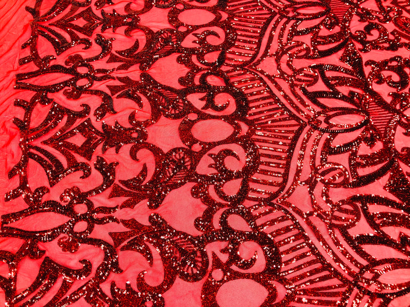 Hologram Red - 4 Way Stretch Embroidered Royalty Sequins Design Fabric By Yard