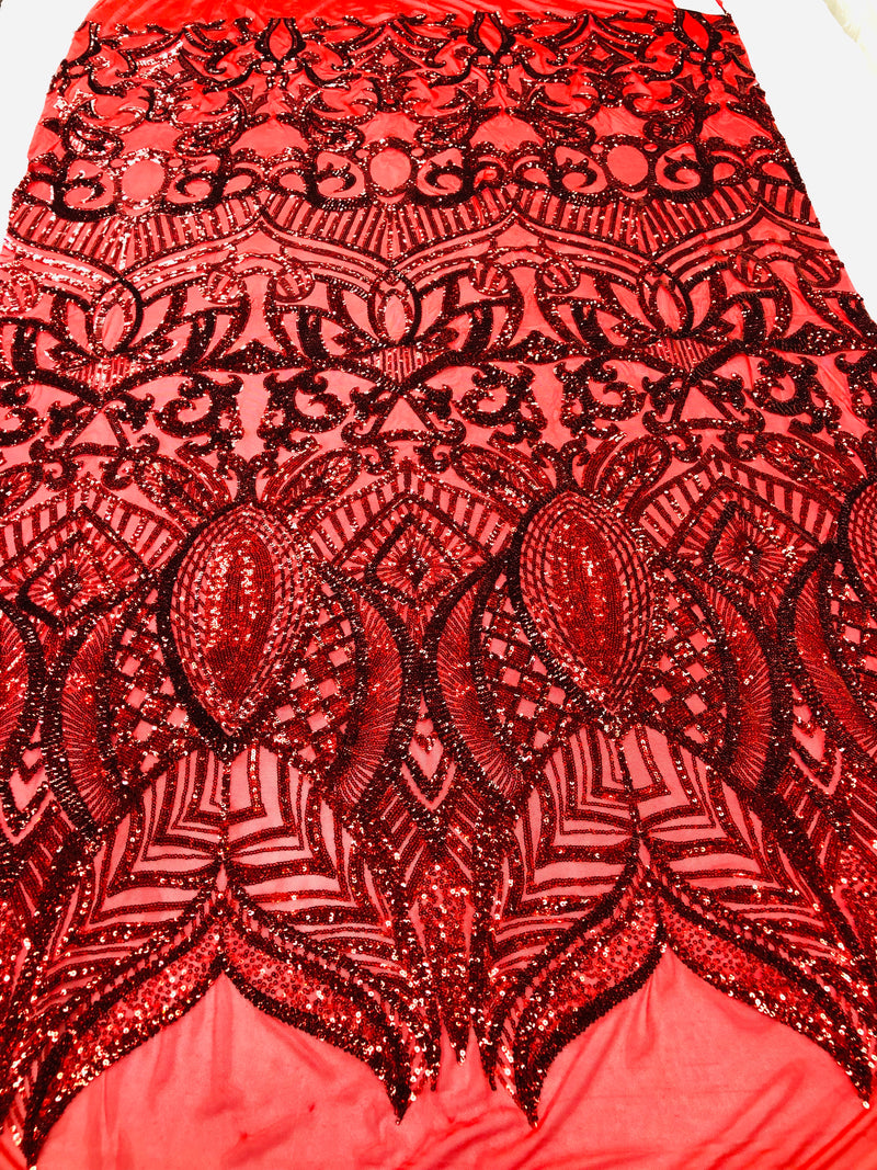 Hologram Red - 4 Way Stretch Embroidered Royalty Sequins Design Fabric By Yard