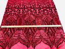 Hologram Red - 4 Way Stretch Embroidered Royalty Sequins Design Fabric By Yard