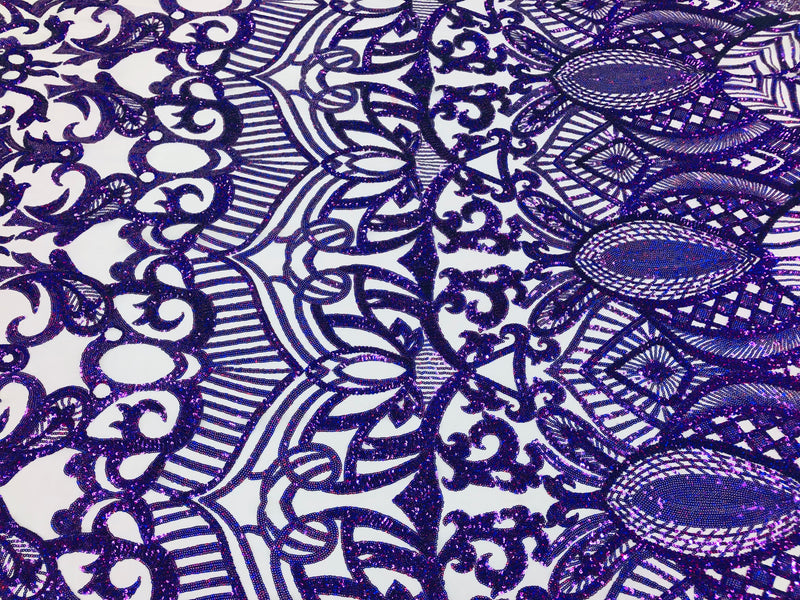 Hologram Purple - 4 Way Stretch Embroidered Royalty Sequins Design Fabric By Yard
