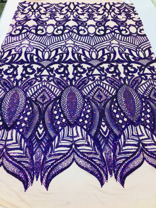 Hologram Purple - 4 Way Stretch Embroidered Royalty Sequins Design Fabric By Yard