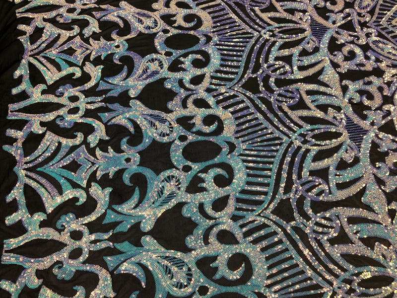 Iridescent Baby Blue - 4 Way Stretch Embroidered Royalty Sequins Design Fabric By Yard