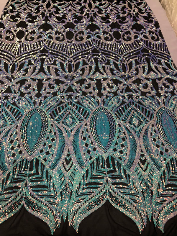 Iridescent Baby Blue - 4 Way Stretch Embroidered Royalty Sequins Design Fabric By Yard