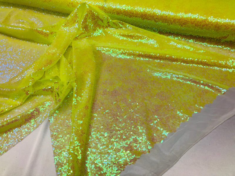 Mini Glitz Sequins - Neon Yellow -  Stretch Shiny Sequins Mesh Fabric Sold By The Yard