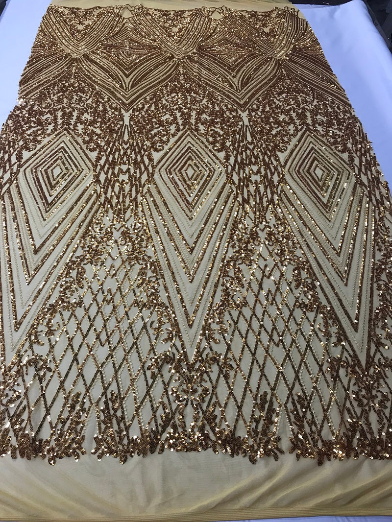 Geometric Sequins Fabric with 4 Way Stretch - Gold -  Elegant Lace Fabrics Sold By The Yard