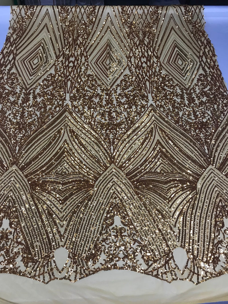 Geometric Sequins Fabric with 4 Way Stretch - Gold -  Elegant Lace Fabrics Sold By The Yard