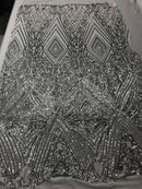 Silver Geometric Sequins Fabric with 4 Way Stretch -  Elegant Lace Fabrics Sold By The Yard