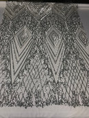 Silver Geometric Sequins Fabric with 4 Way Stretch -  Elegant Lace Fabrics Sold By The Yard