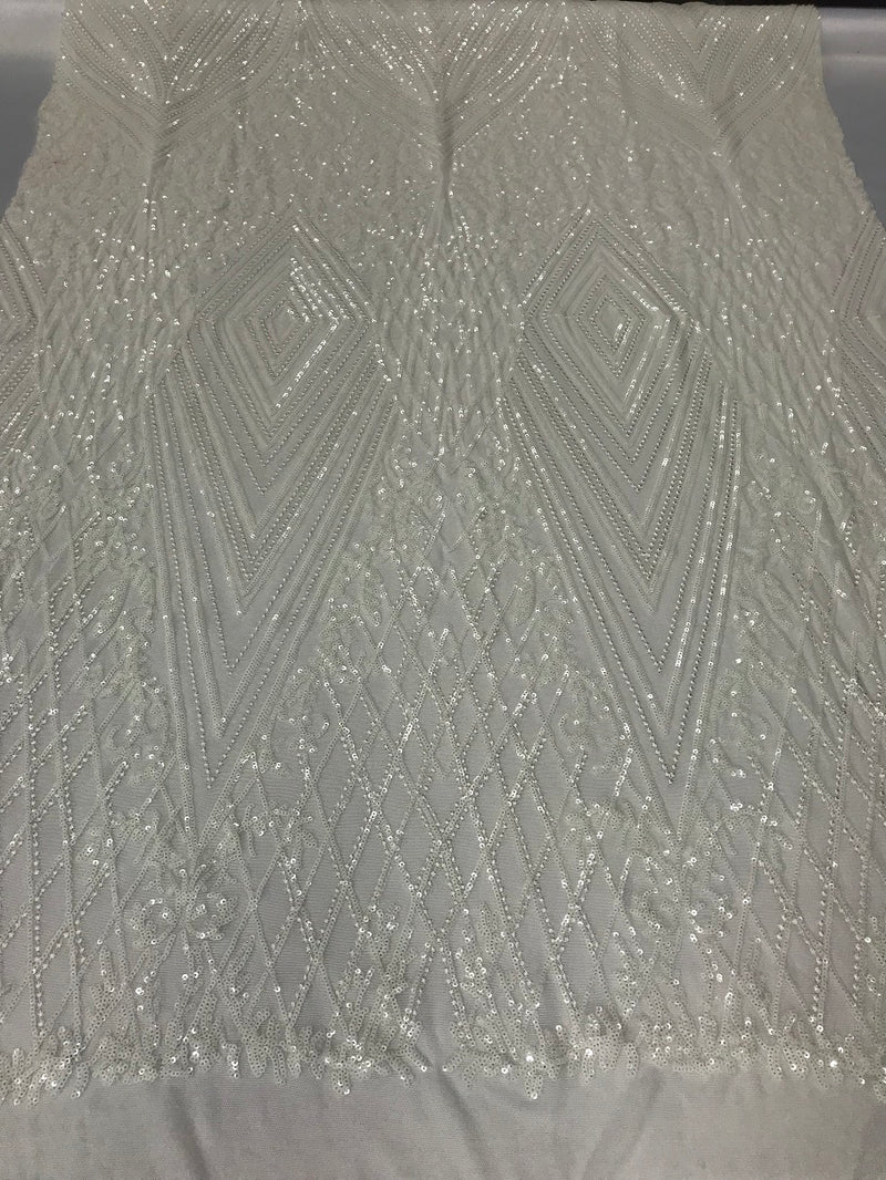 Geometric Sequins Fabric with 4 Way Stretch - Ivory-  Elegant Lace Fabrics Sold By The Yard