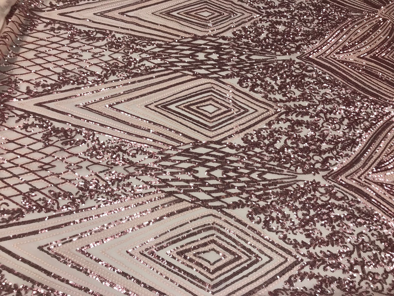 Geometric Sequins Fabric with 4 Way Stretch - Pink -  Elegant Lace Fabrics Sold By The Yard
