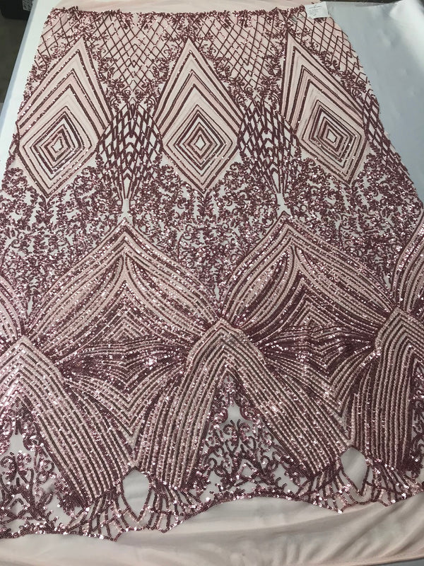 Geometric Sequins Fabric with 4 Way Stretch - Pink -  Elegant Lace Fabrics Sold By The Yard