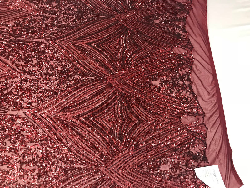 Geometric Sequins Fabric with 4 Way Stretch - Burgundy -  Elegant Lace Fabrics Sold By The Yard