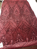Geometric Sequins Fabric with 4 Way Stretch - Burgundy -  Elegant Lace Fabrics Sold By The Yard