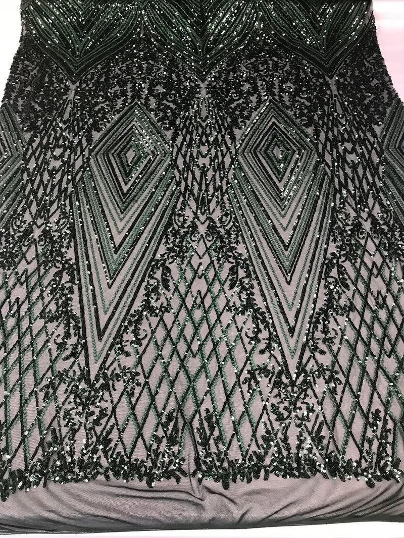 Geometric Sequins Fabric with 4 Way Stretch - Hunter Green-  Elegant Lace  Fabrics Sold By The Yard