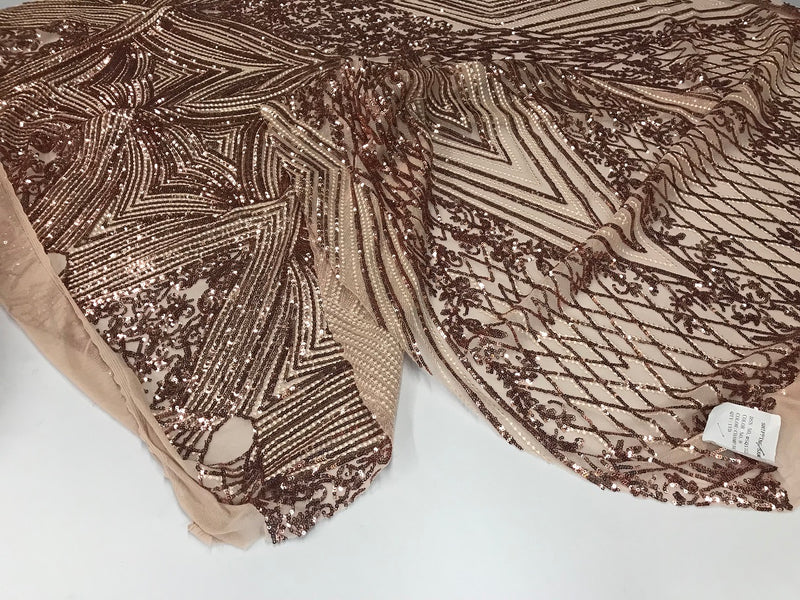 Geometric Sequins Fabric with 4 Way Stretch - Rose Gold -  Elegant Lace  Fabrics Sold By The Yard