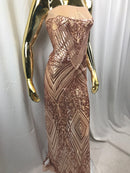 Geometric Sequins Fabric with 4 Way Stretch - Rose Gold -  Elegant Lace  Fabrics Sold By The Yard