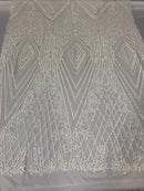 Geometric Sequins Fabric with 4 Way Stretch White Elegant Lace Fabrics Sold By The Yard