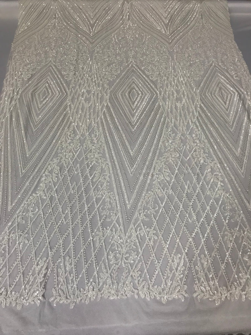 Geometric Sequins Fabric with 4 Way Stretch White Elegant Lace Fabrics Sold By The Yard