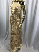 Fancy Design Sequins Fabric with 4 Way Stretch - Gold -  Beautiful Fabrics Sold By The Yard