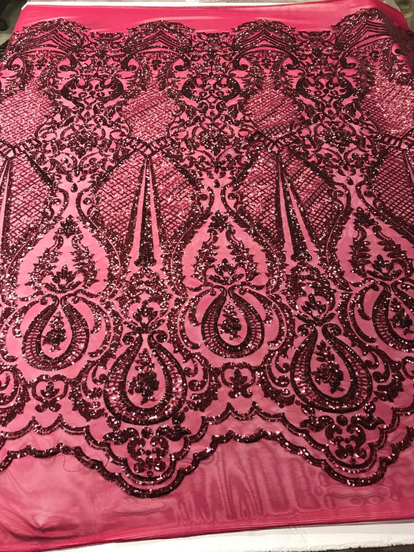 Fancy Design Sequins Fabric with 4 Way Stretch - Burgundy  -  BeautifulFabrics Sold By The Yard
