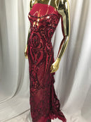 Fancy Design Sequins Fabric with 4 Way Stretch - Burgundy  -  BeautifulFabrics Sold By The Yard