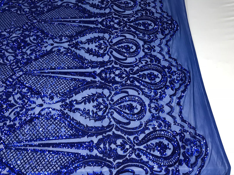 Fancy Design Sequins Fabric with 4 Way Stretch - Royal Blue -  Beautiful Fabrics Sold By The Yard