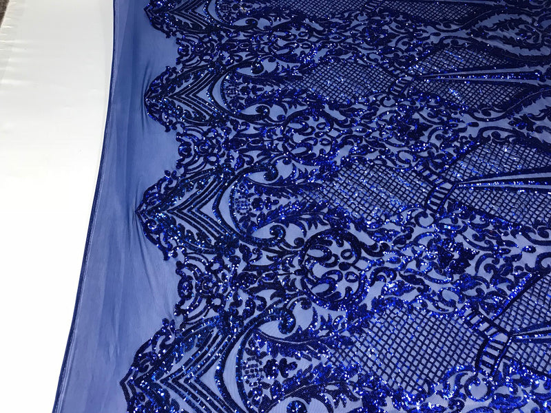 Fancy Design Sequins Fabric with 4 Way Stretch - Royal Blue -  Beautiful Fabrics Sold By The Yard