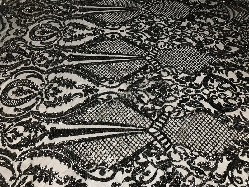 Fancy Design Sequins Fabric with 4 Way Stretch - Black  -  Beautiful  Fabrics Sold By The Yard