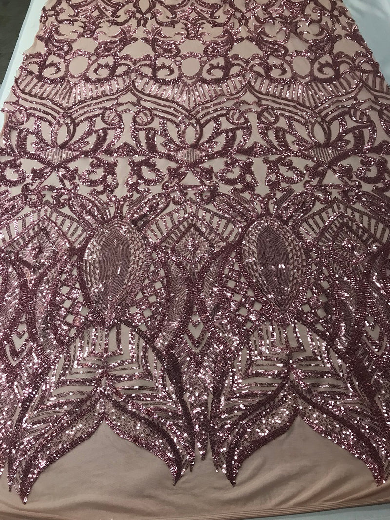 Dusty Rose - 4 Way Stretch Embroidered Royalty Sequins Fancy Design Fabric By Yard