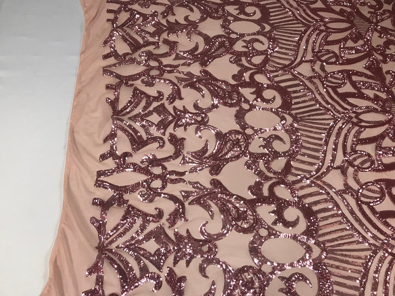 Dusty Rose - 4 Way Stretch Embroidered Royalty Sequins Fancy Design Fabric By Yard