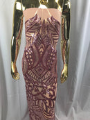 Dusty Rose - 4 Way Stretch Embroidered Royalty Sequins Fancy Design Fabric By Yard